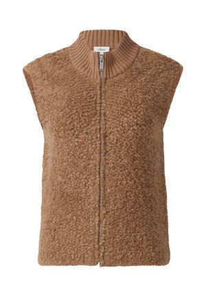 Ärmellose braune Teddy-Fleece-Weste mit geripptem Stehkragen und Frontreißverschluss.