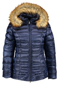 Veste matelassée bleu marine avec capuche en fausse fourrure amovible. Confectionnée en tissu lisse et brillant, avec un motif matelassé vertical et une fermeture éclair frontale.