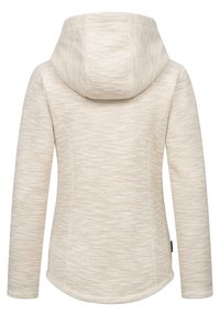 Ljus beige huva jacka gjord av texturerat tyg. Har en figursydd design, långa ärmar och en rundad nederkant.