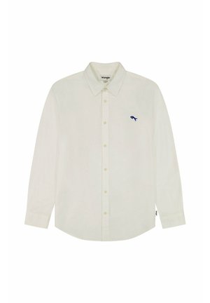 Camicia button-up color crema chiaro realizzata in cotone, con maniche lunghe, colletto a punta e un piccolo logo ricamato blu navy sul petto.