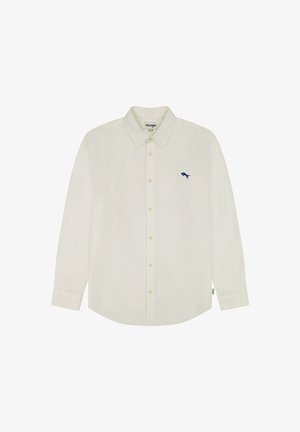 Lichtgekleurde katoenen blouse met lange mouwen, een puntige kraag en een klein marineblauw geborduurd logo op de borst.