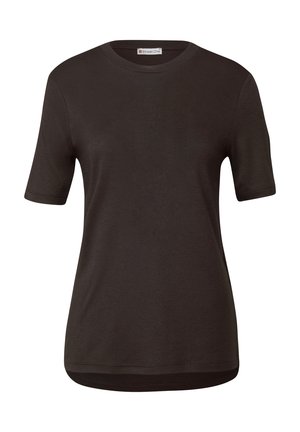 Mörkbrun kortärmad t-shirt med rund halsringning och rak passform. Tillverkad av mjukt, slätt tyg med minimal detaljering.