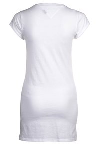 White cotton t-shirt dress with short sleeves, a relaxed fit, and a V-back design. Soft texture, simple design, and no visible patterns.