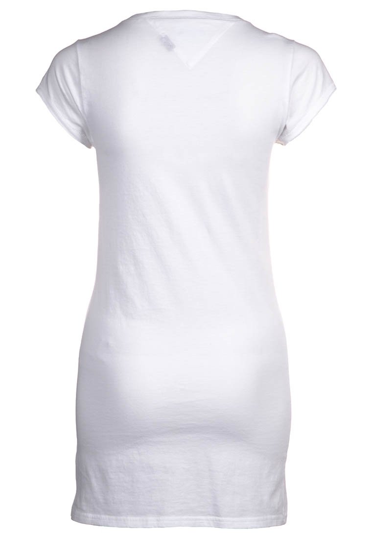 White cotton t-shirt dress with short sleeves, a relaxed fit, and a V-back design. Soft texture, simple design, and no visible patterns.