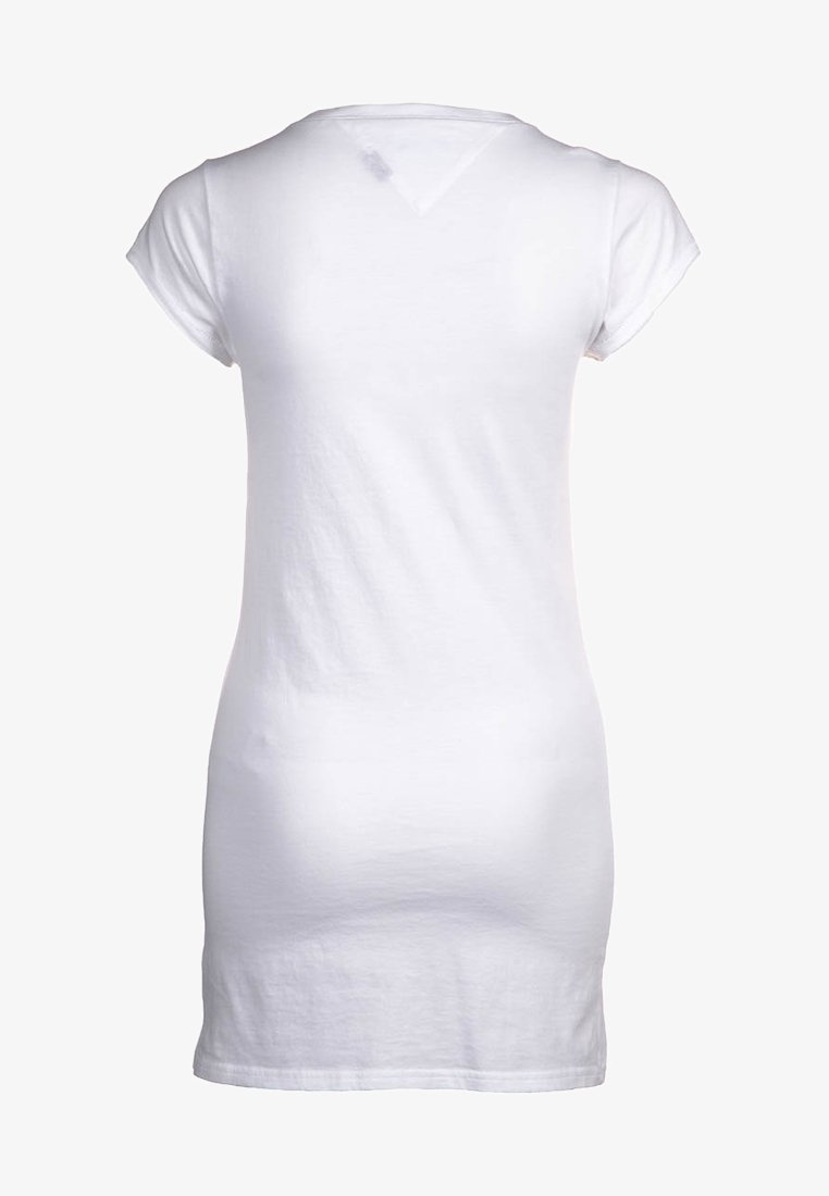 White cotton t-shirt dress with short sleeves, a relaxed fit, and a V-back design. Soft texture, simple design, and no visible patterns.