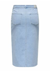 Svetlomodrá džínsová sukňa s priliehavým strihom, dvoma zadnými vreckami a rovnými okrajmi. Tkanina má hladký, mierne štruktúrovaný vzhľad.