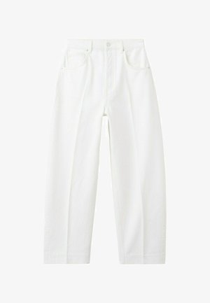 Beli, visokopasovni kavbojke z ravnimi hlačnicami, sprednjimi žepi, zankami za pas in zapenjanjem na gumbe.