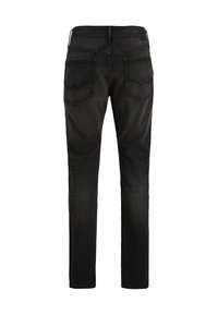 Pantaloni in denim nero con design a gamba dritta, dotati di due tasche posteriori, dettagli di cucitura sottili e una vita standard.