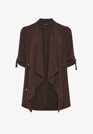 Ciemnobrązowy kardigan z otwartym przodem, rękawy podwinięte i przymocowane paskami, z srebrnymi detalami z zamkiem błyskawicznym na wysokości talii.