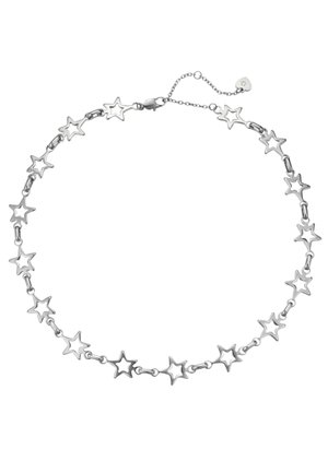 Silver chain necklace with open star-shaped links and a small heart charm near the clasp on a white background.