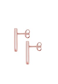 Boucles d'oreilles en métal rose doré avec un design simple de barre verticale, dotées d'arrêts en fil arrondi, d'une texture lisse et d'une finition polie.