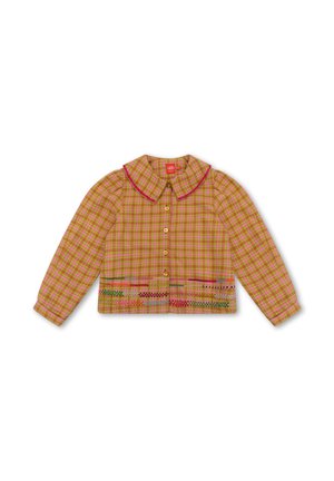 Geruite blouse met een roze, gele en groene ruitpatroon. Beschikt over een kraag, knoopsluitingen en decoratieve afwerking aan de zoom.