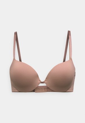 Sutien căptușit de culoarea pielii, cu bretele reglabile pe umeri și închidere cu cârlig și ochiuri în centrul din față.