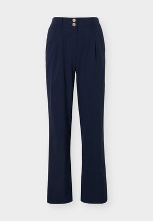 Tamsiai mėlynos moteriškos kelnės su aukštu liemeniu, tiesiomis kojomis, šoninėmis kišenėmis ir dviem smėlio spalvos mygtukais ant juosmens.