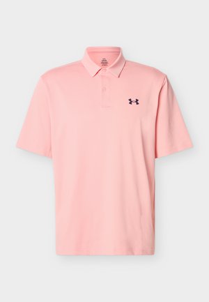 Light pink short-sleeve polo shirt with collar, two buttons, and small black Under Armour logo on the left chest.