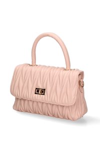 Borsa a tracolla rosa trapuntata con forma strutturata, dotata di una chiusura dorata e di un manico singolo in alto. Texture liscia e dettagli eleganti.