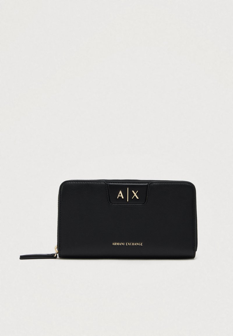 Black zip-around wallet with gold "A|X" logo at top center and "Armani Exchange" text at bottom center on a plain background.