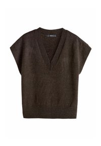 Brun kortærmet pullover med V-hals, ribbet kant og blød tekstur. Strikket stof med en let løs pasform og minimalistisk design.