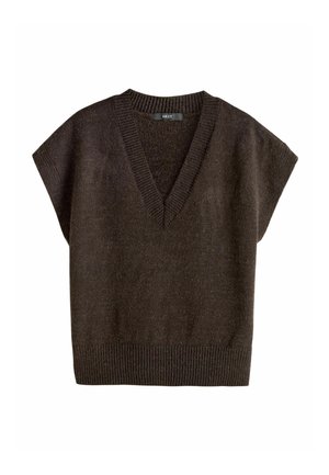 Brown short-sleeve pullover with a V-neck, ribbed hem, and soft texture. Knitted fabric with a slightly loose fit and minimalist design.