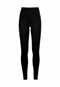 Black leggings with a smooth texture, high waistband, and a small silver logo accent on the side. Fitted design extends to the ankles.