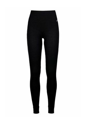 Black leggings with a smooth texture, high waistband, and a small silver logo accent on the side. Fitted design extends to the ankles.