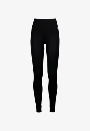 Schwarze Leggings mit glatter Textur, hohem Bund und einem kleinen silbernen Logo-Akzent an der Seite. Enganliegendes Design, das bis zu den Fußgelenken reicht.