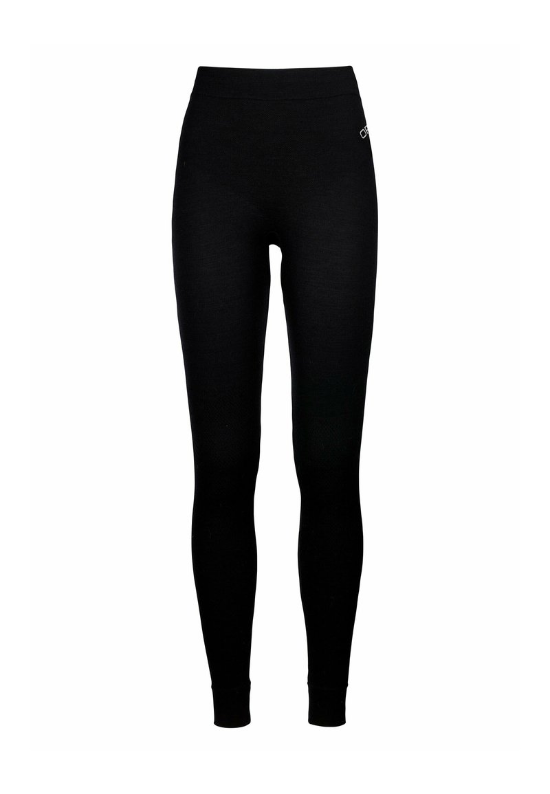 Black leggings with a smooth texture, high waistband, and a small silver logo accent on the side. Fitted design extends to the ankles.