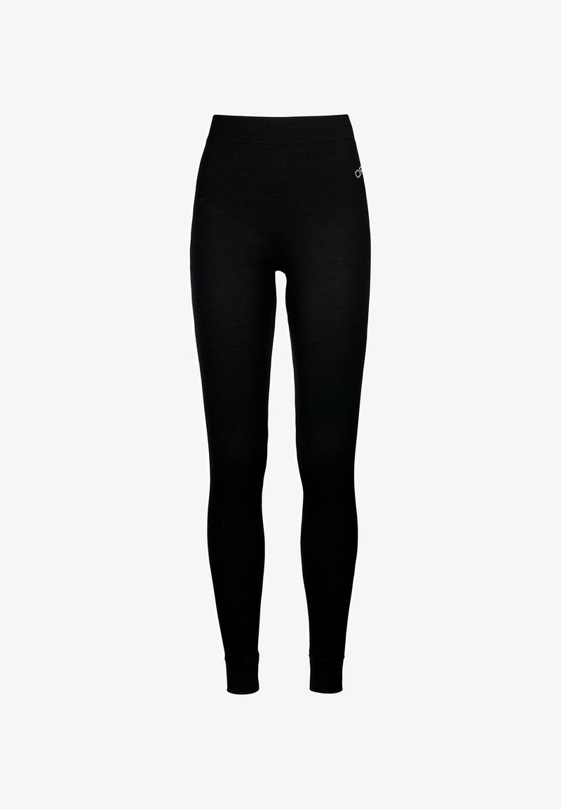 Black leggings with a smooth texture, high waistband, and a small silver logo accent on the side. Fitted design extends to the ankles.