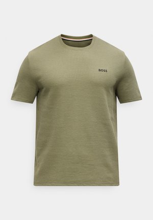T-shirt texturé vert olive à manches courtes avec col rond et petit logo "BOSS" sur la poitrine gauche.