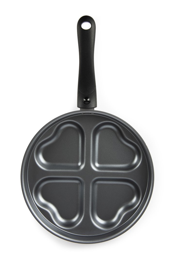 Antiaanbaklaag hartvormige pannenkoekenpan in donkergrijs met vier secties en een zwarte handgreep. Gladde oppervlakte met ronde randen.