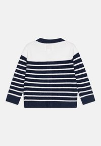 Suéter a rayas en azul marino y blanco con cuello redondo y mangas largas. Tejido de punto suave, con rayas horizontales y puños acanalados.