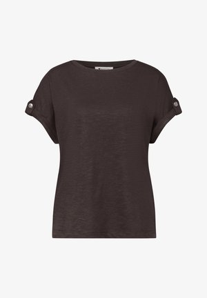 Mørkebrun kortærmet skjorte med rullede manchetter, der er sikret med knapper, og en rund halsudskæring.