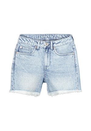 Hellblaue Jeansshorts mit ausgefransten Säumen, einer vorne angebrachten Knopfleiste und Reißverschluss, Gürtelschlaufen und fünf Taschen.