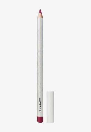 Læbepencilsblyant med en pink spids, tekstureret hvid hylster med et design i lyse farver og en aftagelig hvid hætte.