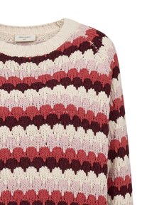 Gebreide trui met een ronde halslijn en om en om strepen in bordeauxrood, roze en crème in een textuurpatroon.