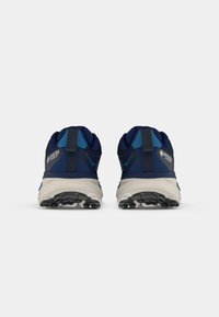 Blauwe en marineblauwe trailrunning schoenen met een textiel bovenwerk, grijze zool en een uitgesproken grippatroon. Bevat GORE-TEX-logo.