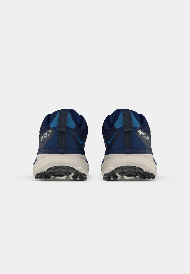 Blue and navy trail running shoes with a textured fabric upper, grey sole, and pronounced grip pattern. Features GORE-TEX branding.