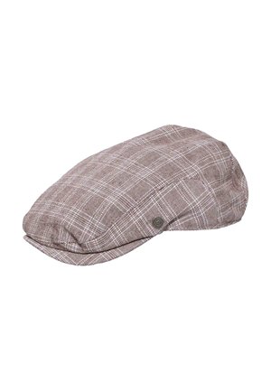 Brown and beige plaid flat cap with a small round metallic button detail on the side, displayed against a white background.
