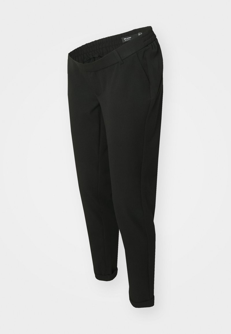 Pantalon noir en tissu extensible, doté d'une large taille élastique, de poches latérales et de poignets fuselés, avec une texture lisse.