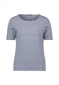 Randig t-shirt i marinblått och vitt, kortärmad, rund halsringning, tillverkad av mjukt tyg med en slät textur. Inga särskilda detaljer.