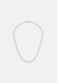 Goldkette mit einem einzigen Strang aus klaren, rundgeschliffenen Kristallen, sicher gefasst, mit einer glatten, polierten Oberfläche. Ovale Form, zartes Design.