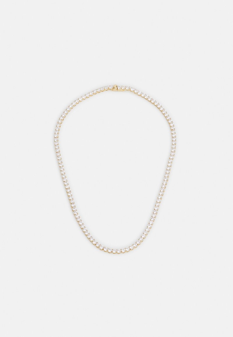 Guldhalskæde med en enkelt streng af klare, rund-slebne krystaller, sikker sat, med en glat, poleret overflade. Oval form, delikat design.