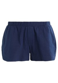 Námořnické modré volné šortky s elastickým pasem a bočními kapsami, vyrobené z měkké, lehké látky.