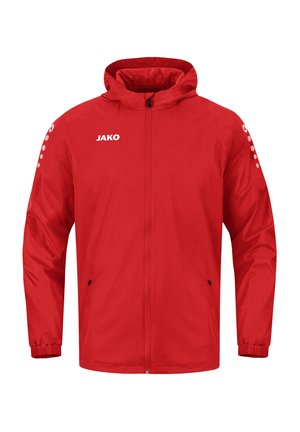 Rote winddichte Jacke mit Kapuze, Reißverschlussfront, elastischen Bündchen, zwei Seitentaschen und Logodetails auf der Brust und dem Ärmel.