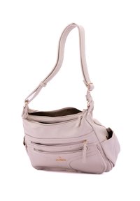 Borsa a mano in pelle grigia chiara con un design strutturato, dotata di multiple tasche con zip e dettagli in metallo dorato. Include una tracolla regolabile.