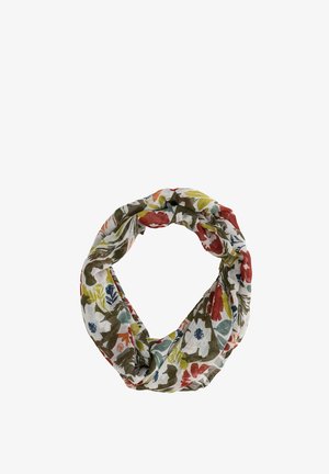 Let infinity tørklæde med flerfarvet blomsterprint med røde, hvide, grønne, gule og blå blomster på hvid baggrund.