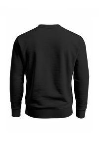 Black sweatshirt, crew neck, made of textured fabric. Features ribbed cuffs and hem. Simplistic design, no visible markings or logos.