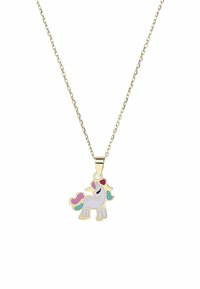 Gouden schakelketting met een kleurrijke eenhoorn hanger, met een witte romp, een regenboog manen en een harten detail. Glad afwerking, speelse ontwerp.