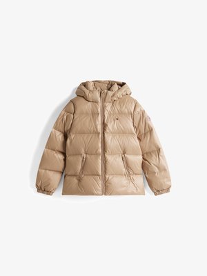 Beige padded jacket with a hood, featuring quilted sections, a front zipper, and side pockets. Smooth, shiny material with elastic cuffs.