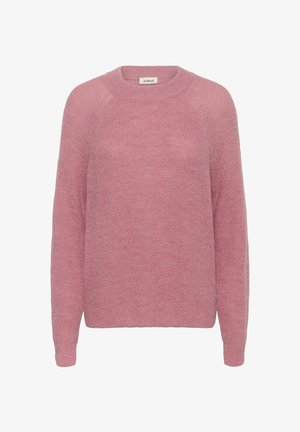 Różowy sweter dzianinowy z okrągłym dekoltem, raglanowymi rękawami oraz prążkowanymi mankietami i dolnym brzegiem. Miękka struktura, charakteryzująca się lekko luźnym krojem i minimalistycznym designem.